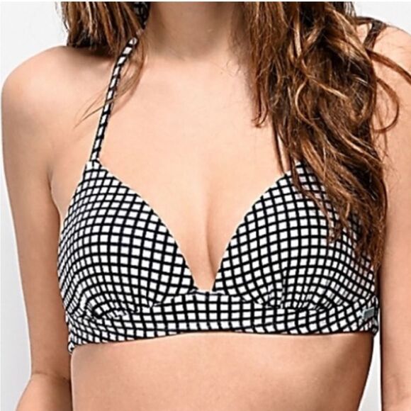 Roxy Black White Check Gingham Bikini Swim Top Excellent Condition Small Halter - Picture 2 of 10